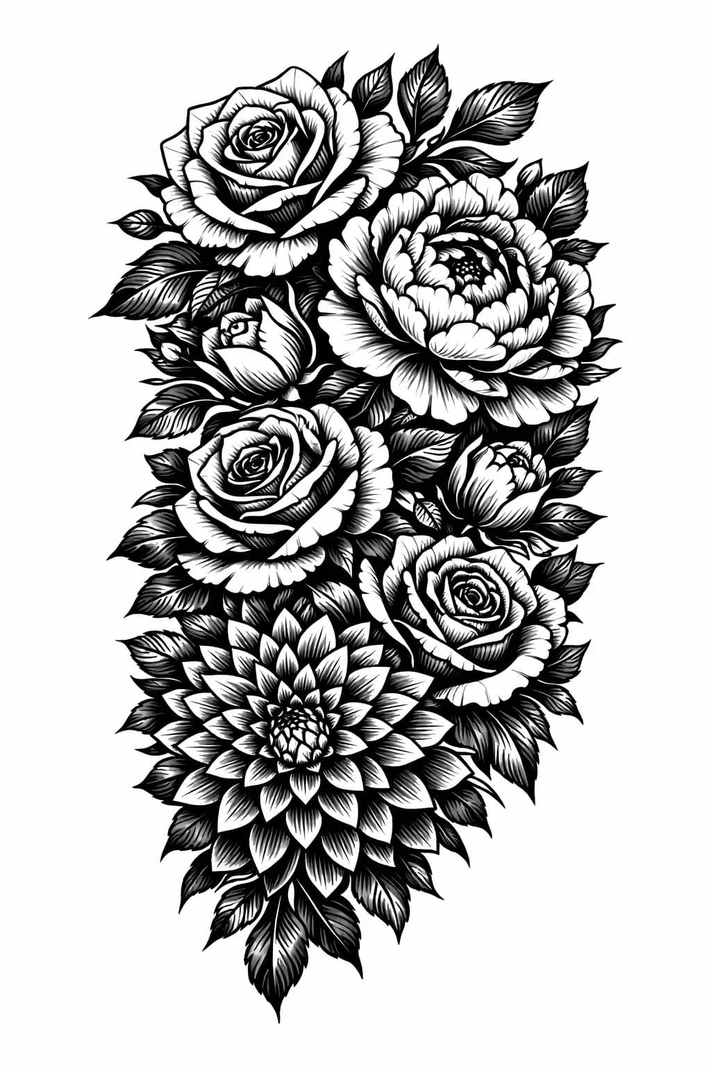 Dark botanical half-sleeve cover-up tattoo with mixed flowers
