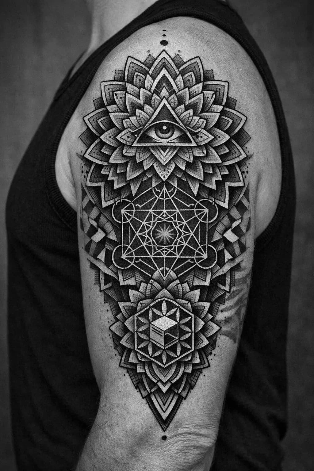 Geometric sacred geometry cover-up tattoo with layered mandala patterns