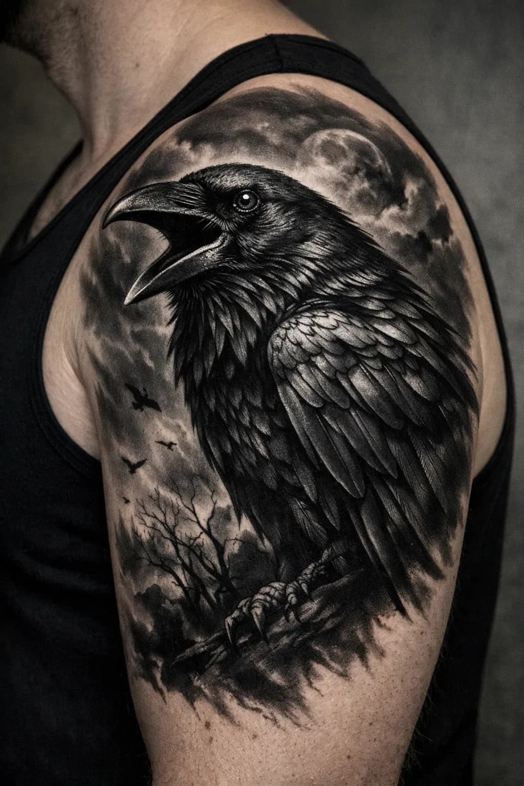 Realistic dark raven cover-up tattoo with heavy shadow work