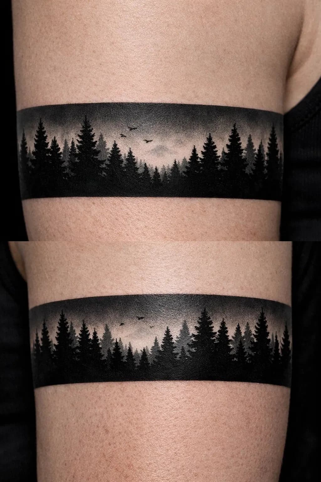 Dark forest silhouette band cover-up tattoo design