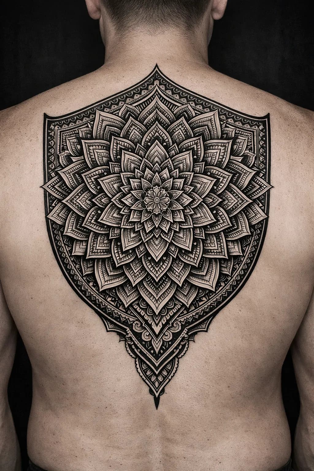 Ornamental mandala shield cover-up tattoo with intricate patterns
