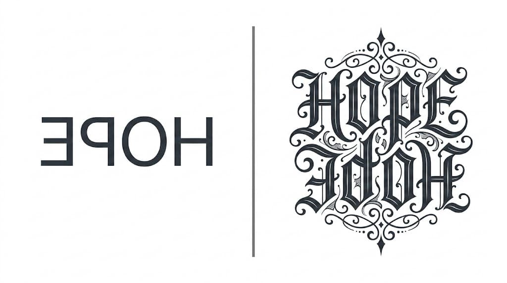 Comparison between simple mirror text generator output and a custom symmetrical Ambigram design