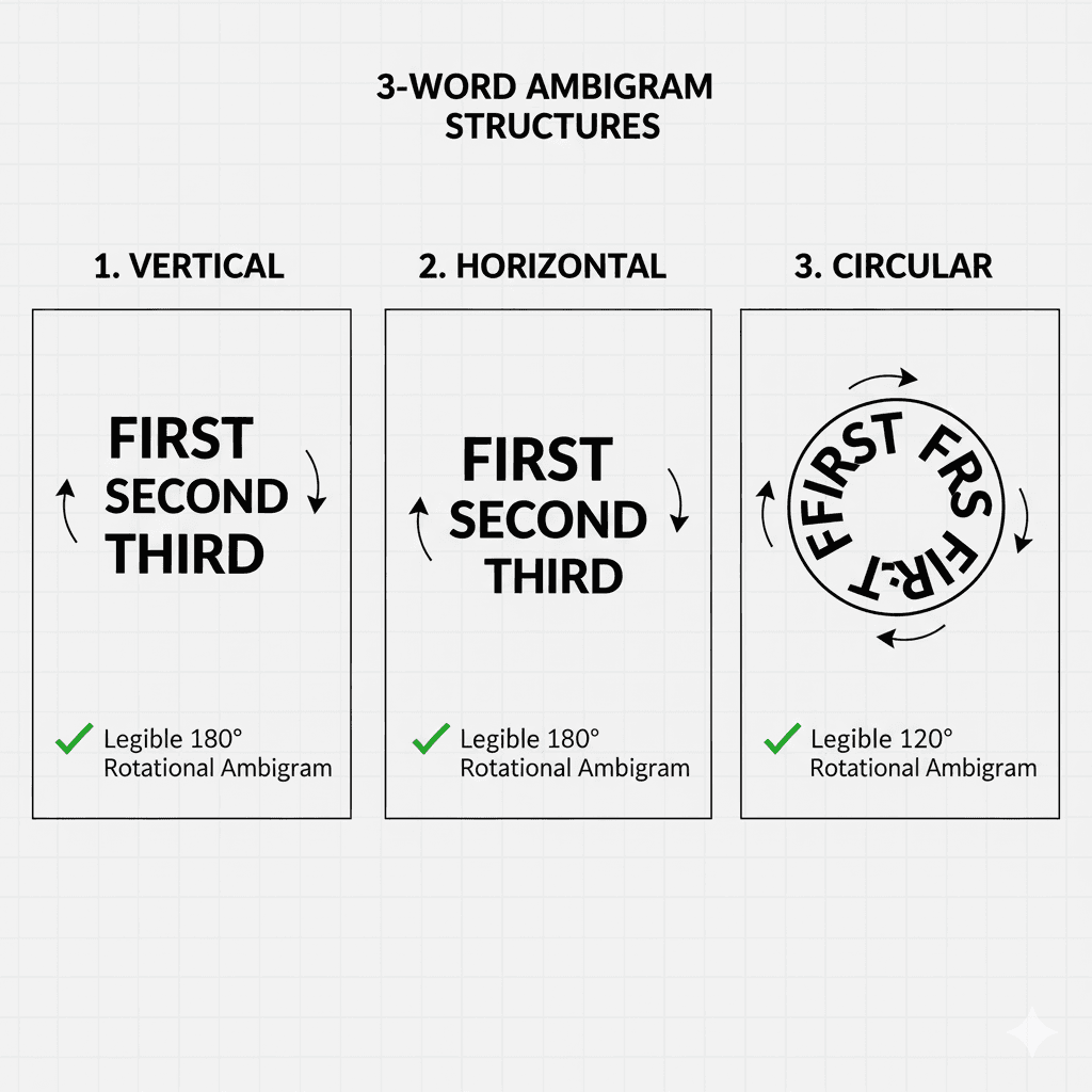 Une illustration démontrant comment le déplacement du point central de rotation impacte considérablement la clarté et la lisibilité d'un ambigramme à deux mots.