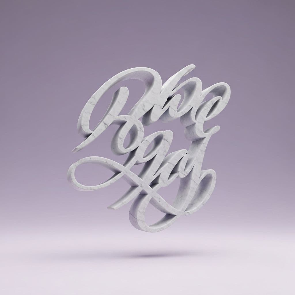 3D STL export feature demonstration showing a white marble ambigram sculpture for 3D printing