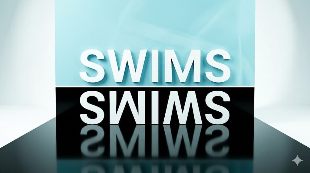 The word SWIMS shown normally and rotated 180 degrees
