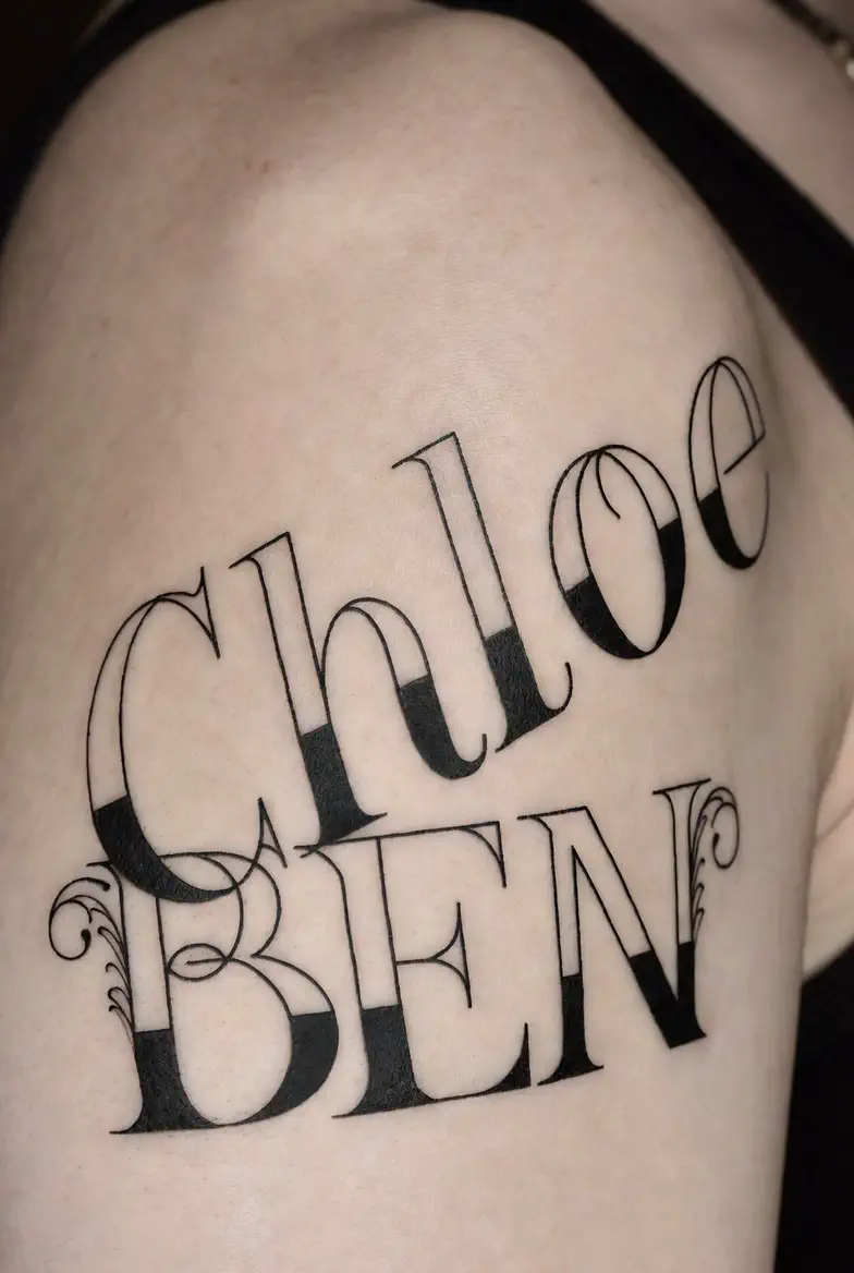 AI two-name forearm tattoo design for Mia and Lucas in line-art black ink style