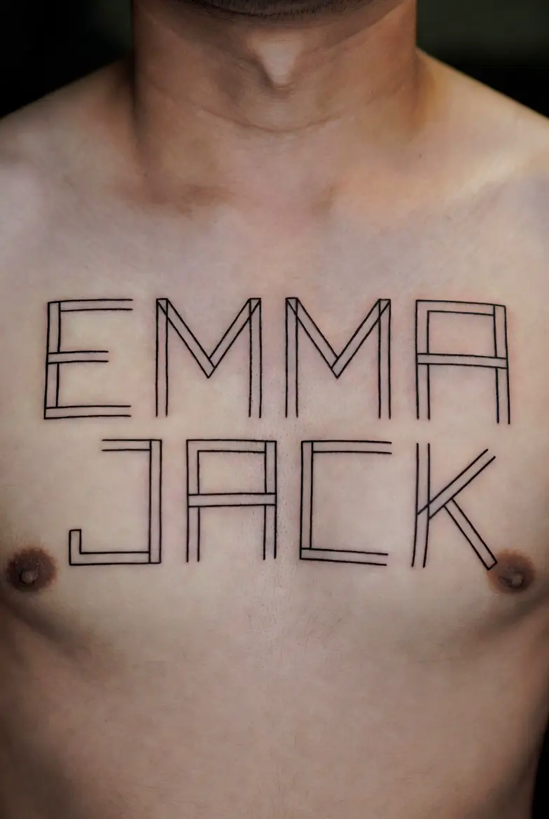 Geometric chest name tattoo design for Emma and Jack with bold structure