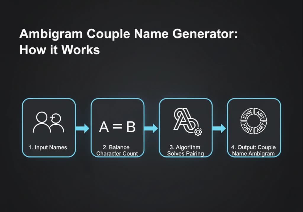 Flowchart showing the steps an ambigram name generator takes to solve dual-name symmetry